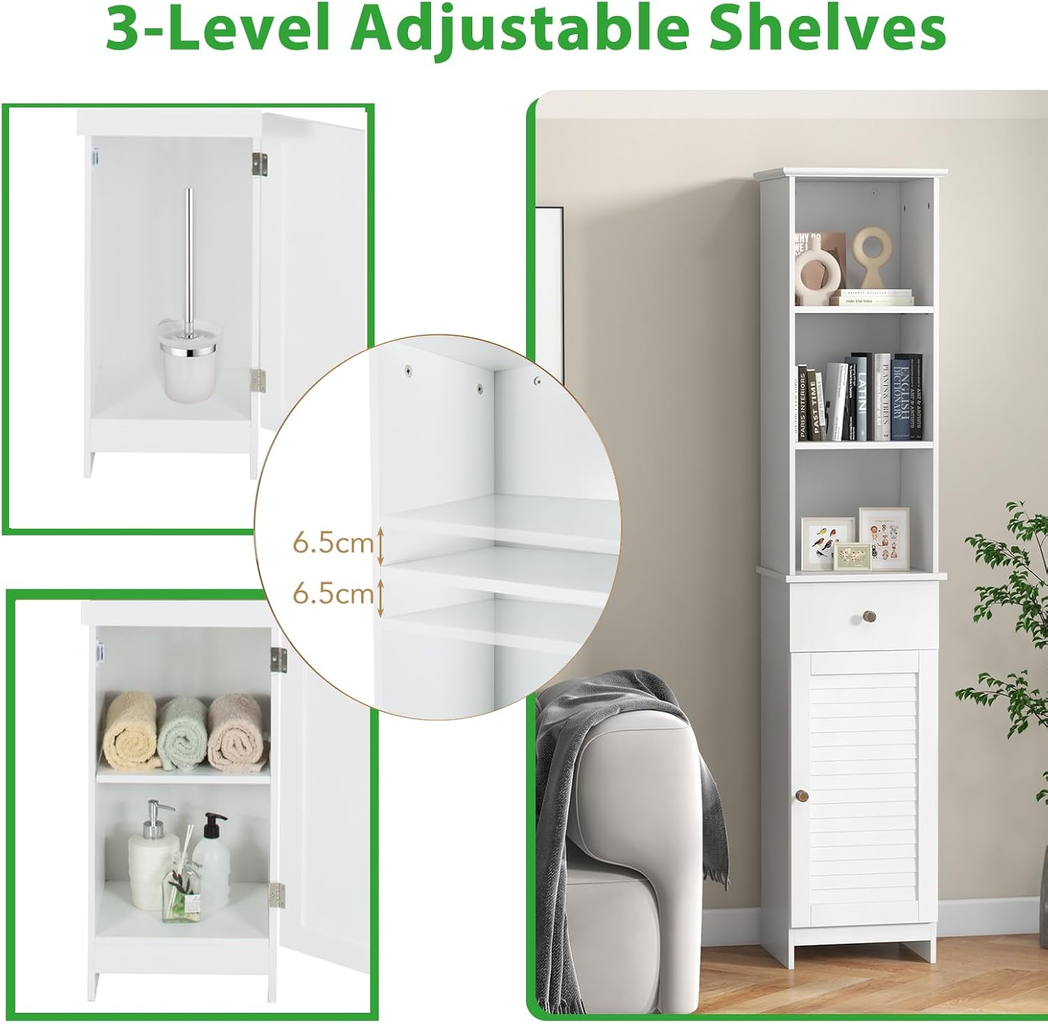 Slim Bathroom Tall Cabinet Drawer Shelf Cupboard White
