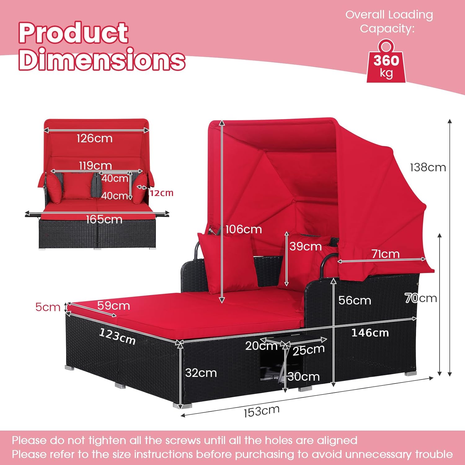 2 Seater Rattan Daybed Sunbed Canopy Side Tables Red