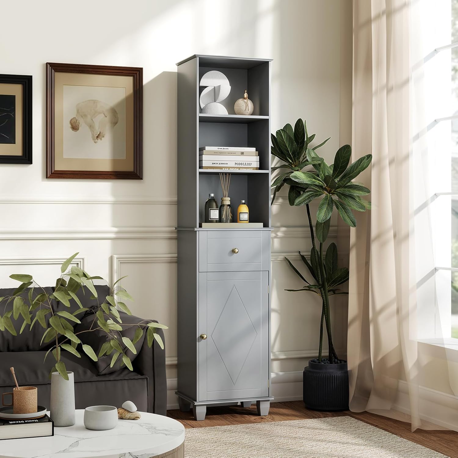 Tall Slim Storage Cabinet Grey Drawer Shelves Door Unit
