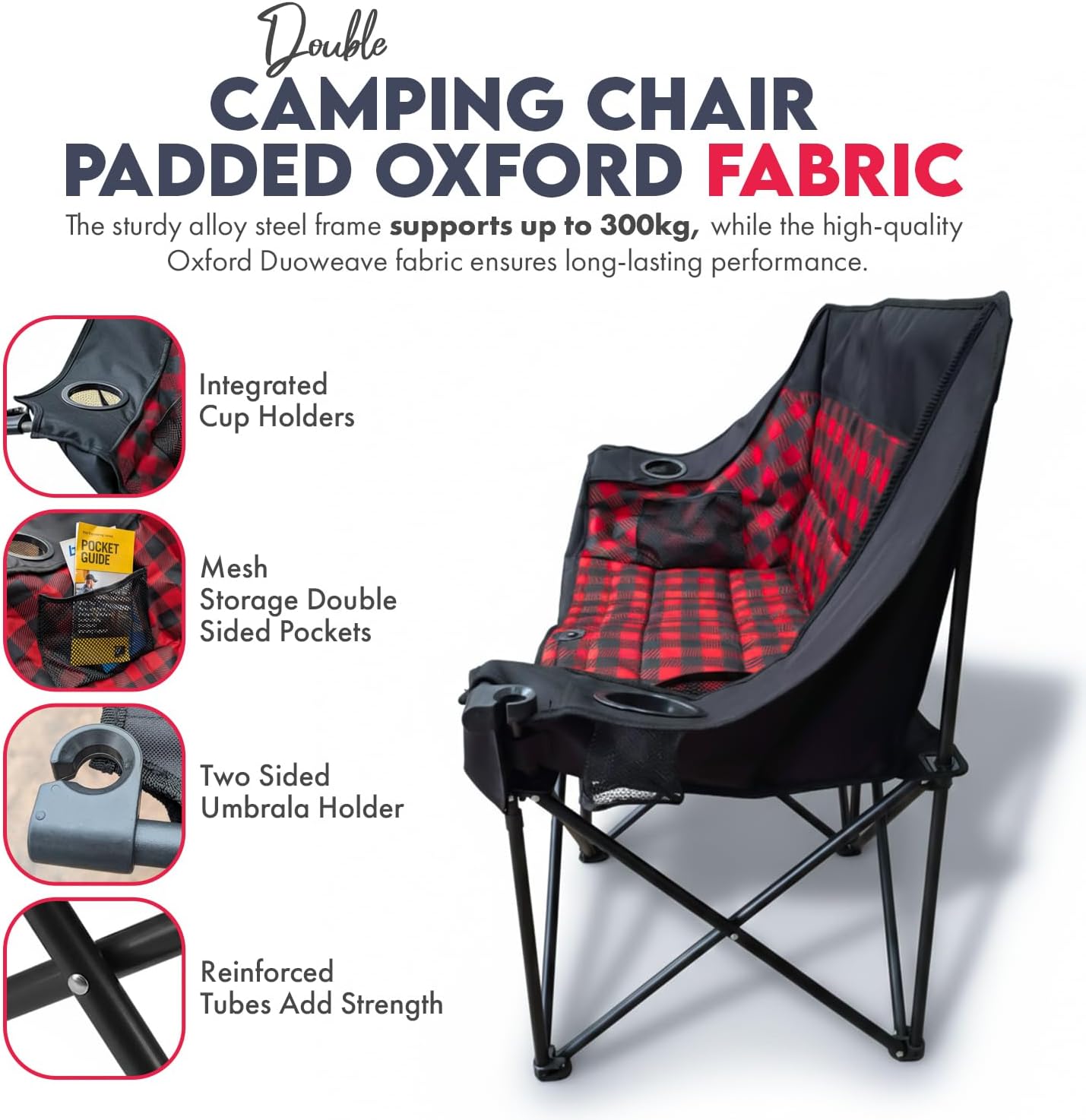 Double Folding Camping Chair 300kg 2 Seater Padded Sofa