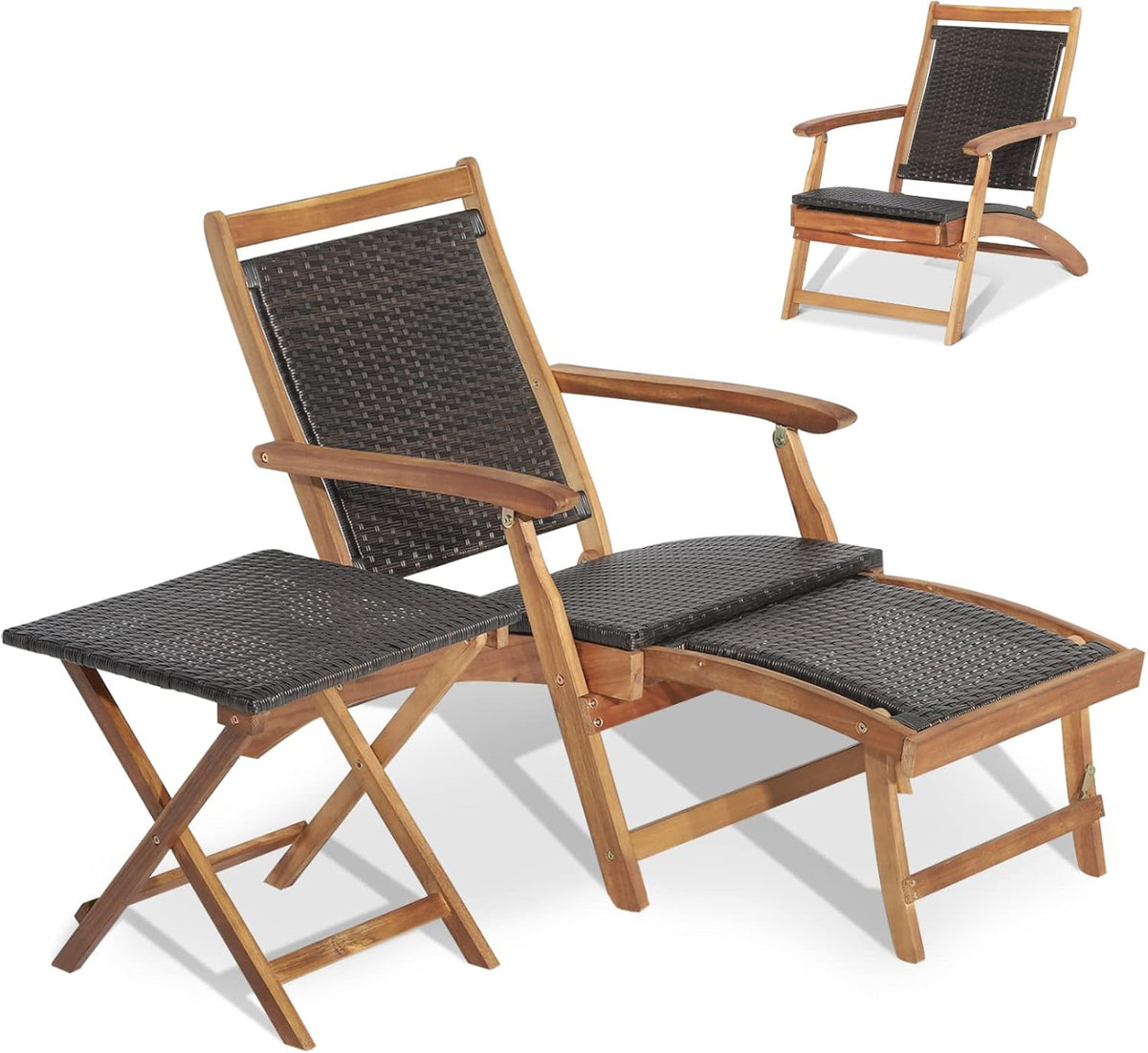 Wooden Folding Sun Lounger with Side Table Brown