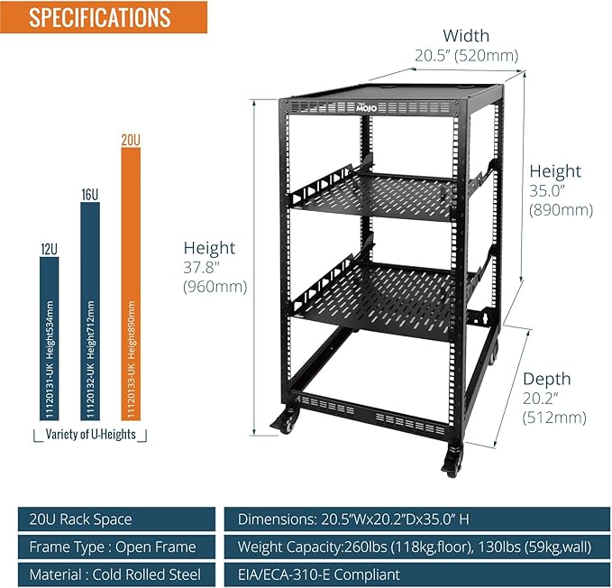 20U Open Frame Server AV Rack Mobile 4 Post Black