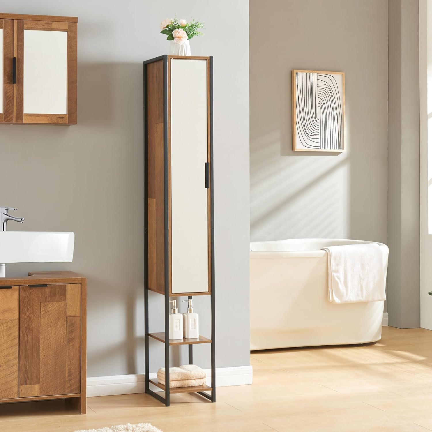 Walnut Tall Bathroom Cabinet Mirror Door Shelf Storage Unit