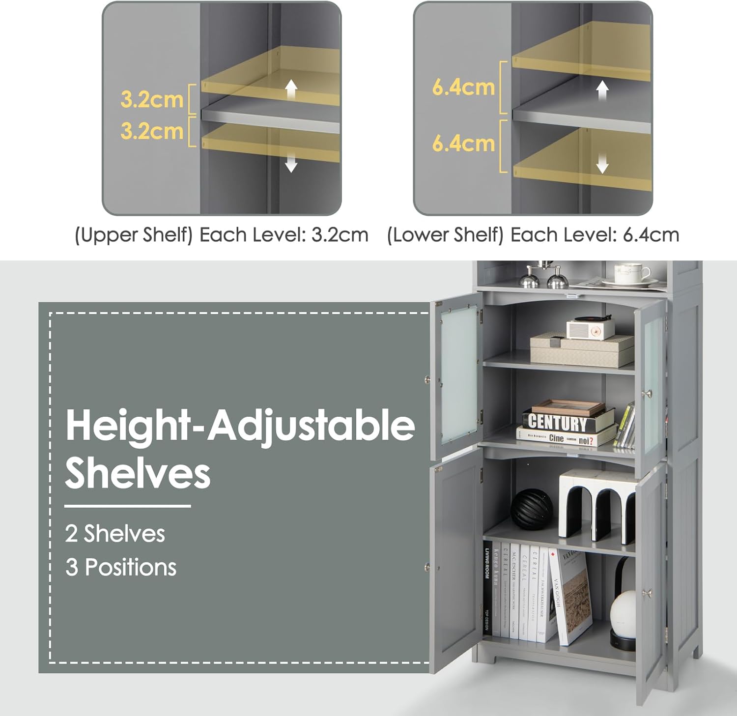 Tall Storage Cabinet Glass Door Shelf Unit Grey