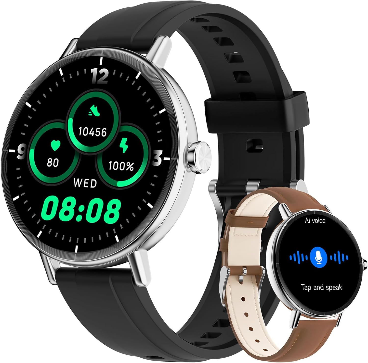 Round Smart Watch Bluetooth Call Black 2 Bands