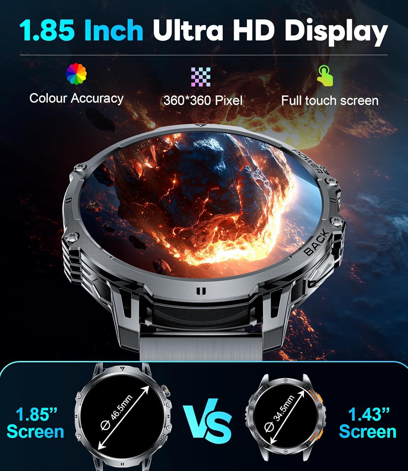 Mens Smart Watch Bluetooth Call 1.85 HD Fitness Tracker