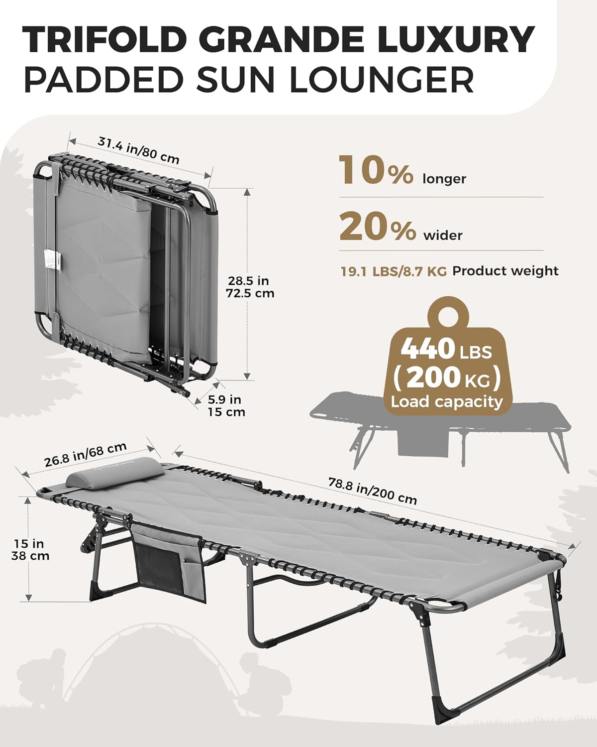 Oversized Padded Folding Sun Lounger 5 Position Grey Recliner