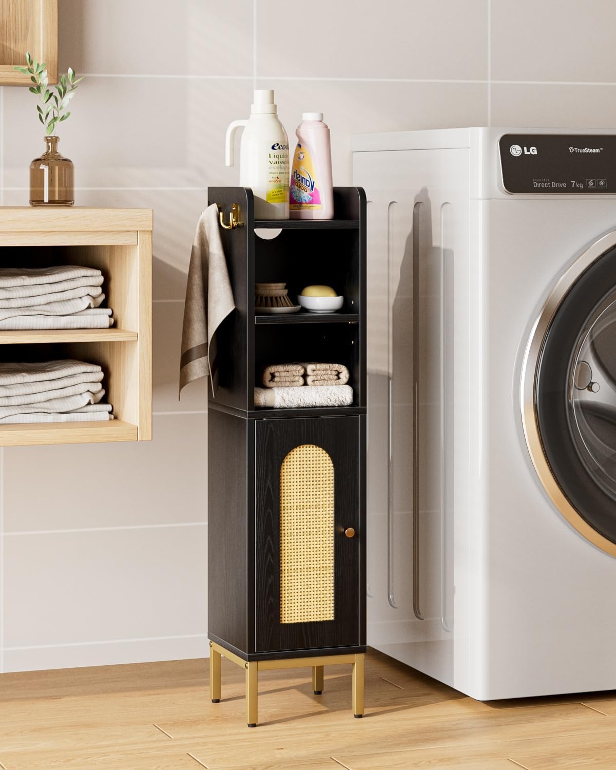 Slim Bathroom Storage Cabinet Door Black Rattan Freestanding