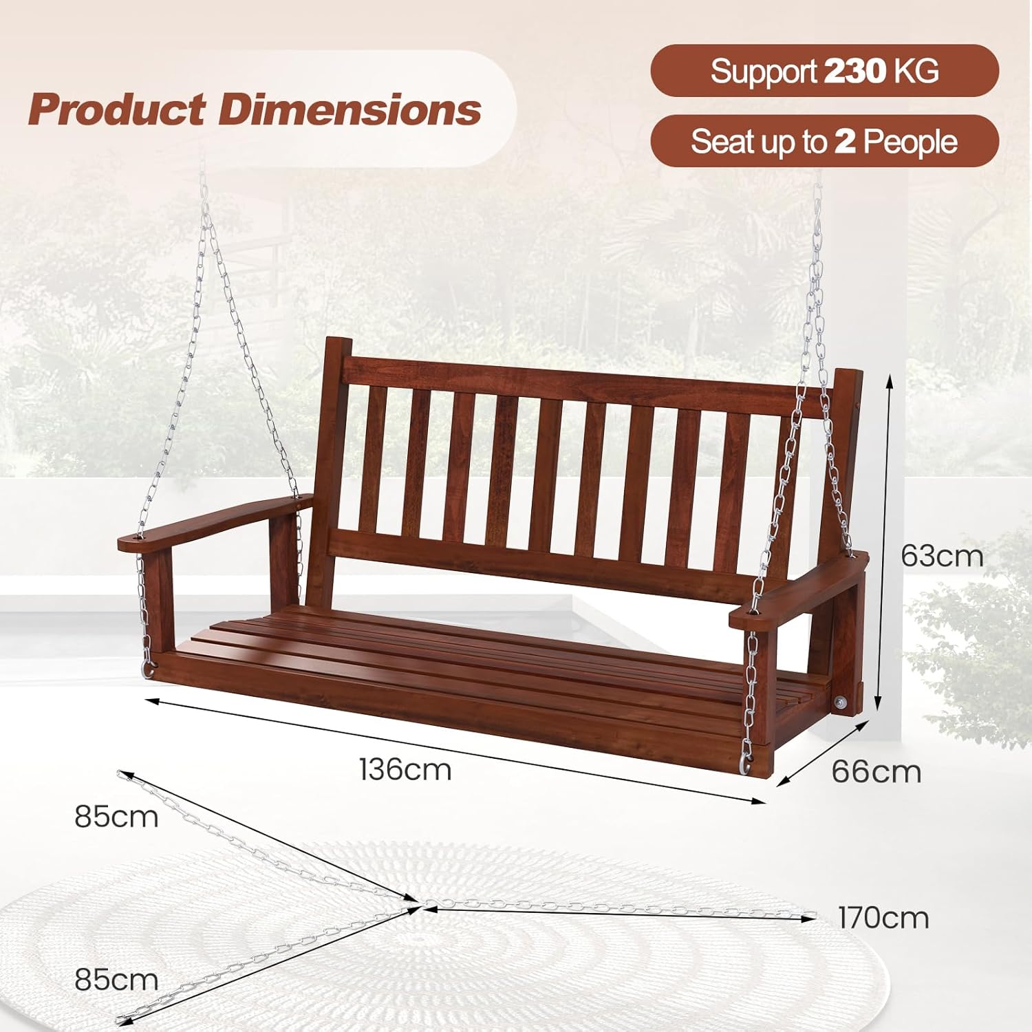 2 Seater Wooden Garden Swing Bench Hanging Patio Seat Brown