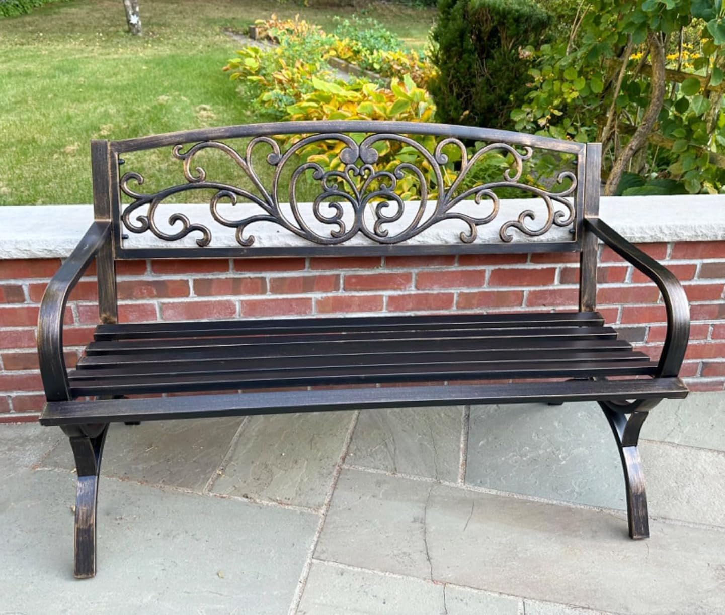 Bronze Metal Garden Bench 2–3 Seater Floral Backrest Patio Seat
