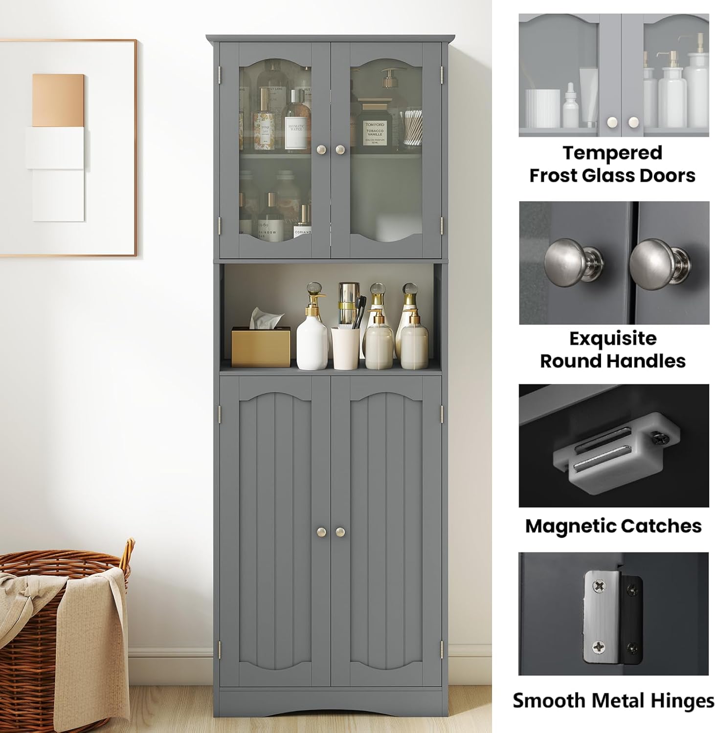 Tall Grey Storage Cabinet Frost Glass Door Shelf Unit