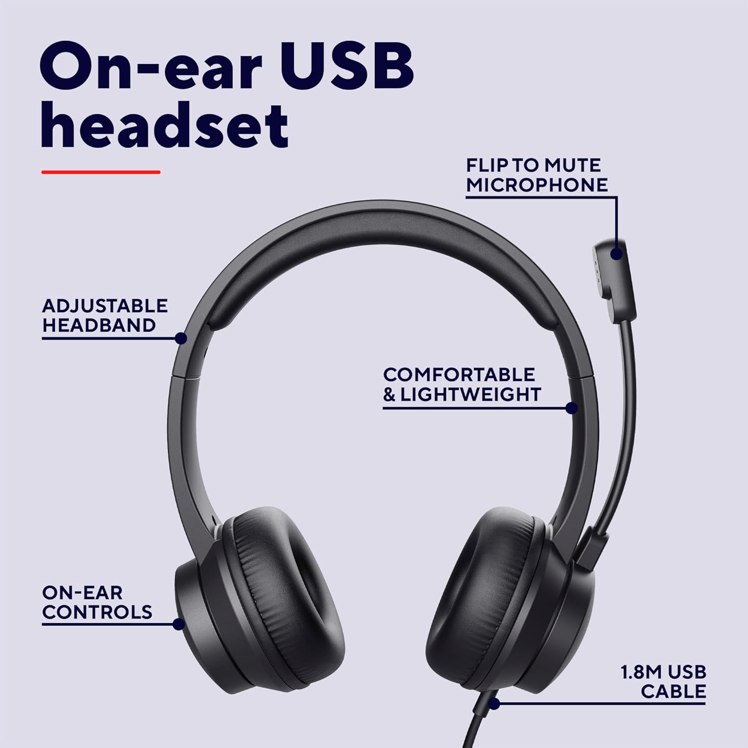 USB On Ear Headset with Mic Lightweight PC Laptop Office Calls