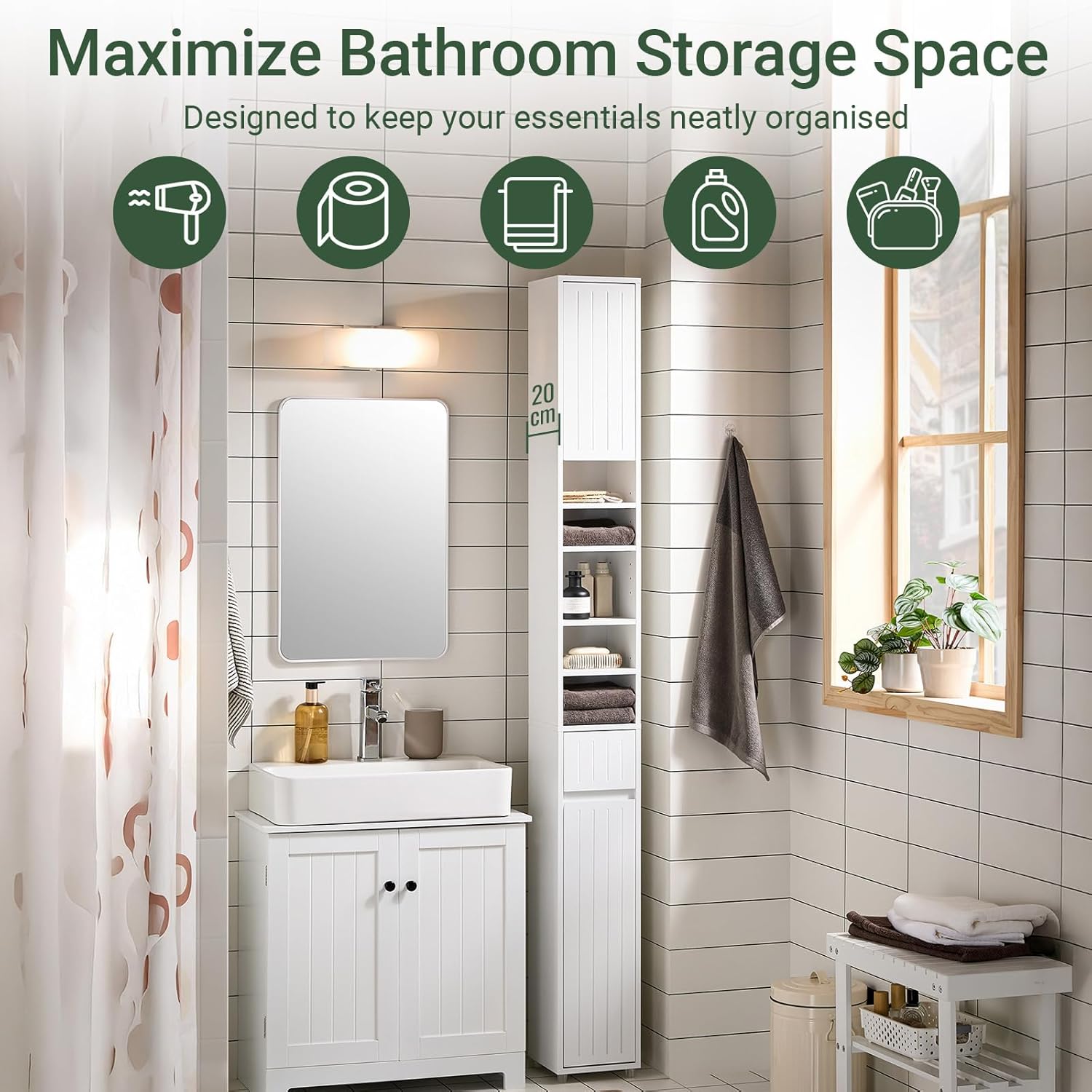 Slim Tall Bathroom Storage Cabinet White Drawer Shelves Unit
