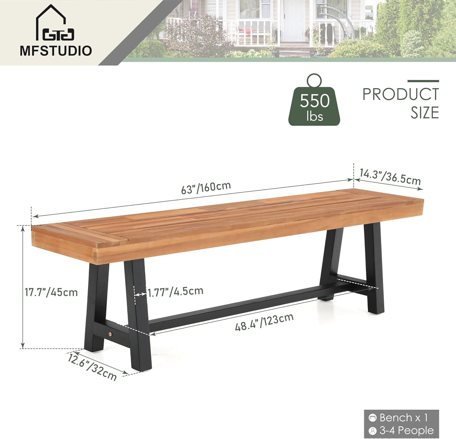 3 Seater Acacia Wooden Garden Bench 160cm Outdoor Patio Bench Seat