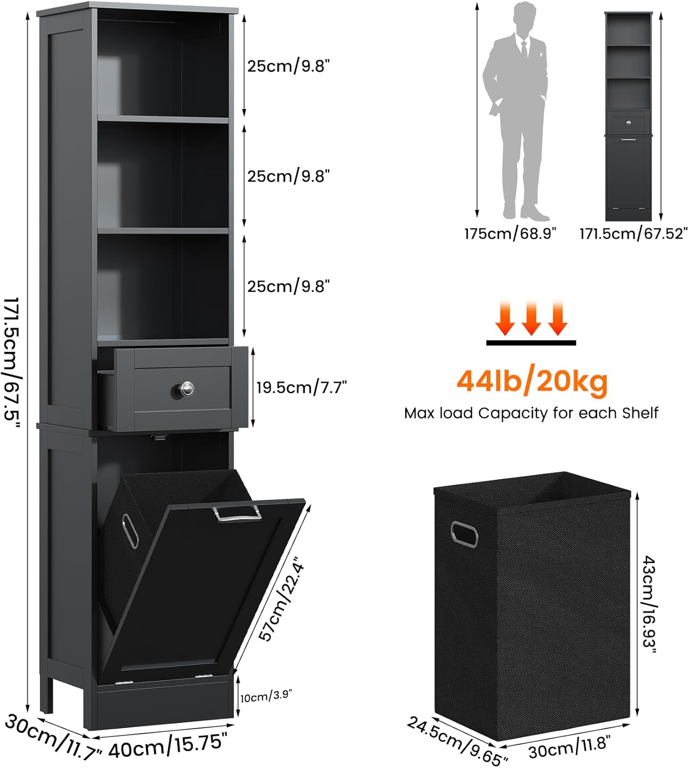 Tall Bathroom Cabinet Laundry Hamper Drawer Shelves Black 170cm