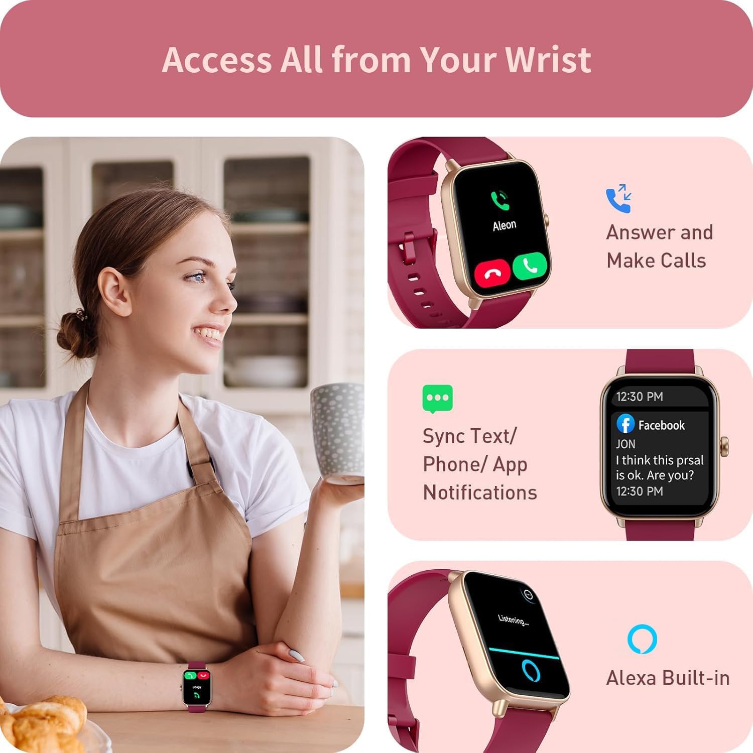 Womens Smart Watch Bluetooth Call Alexa Red