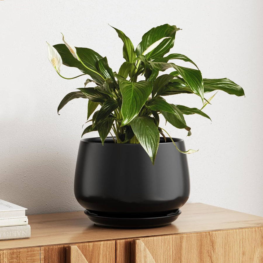 25cm Ceramic Plant Pot Black Modern Planter with Drainage Saucer