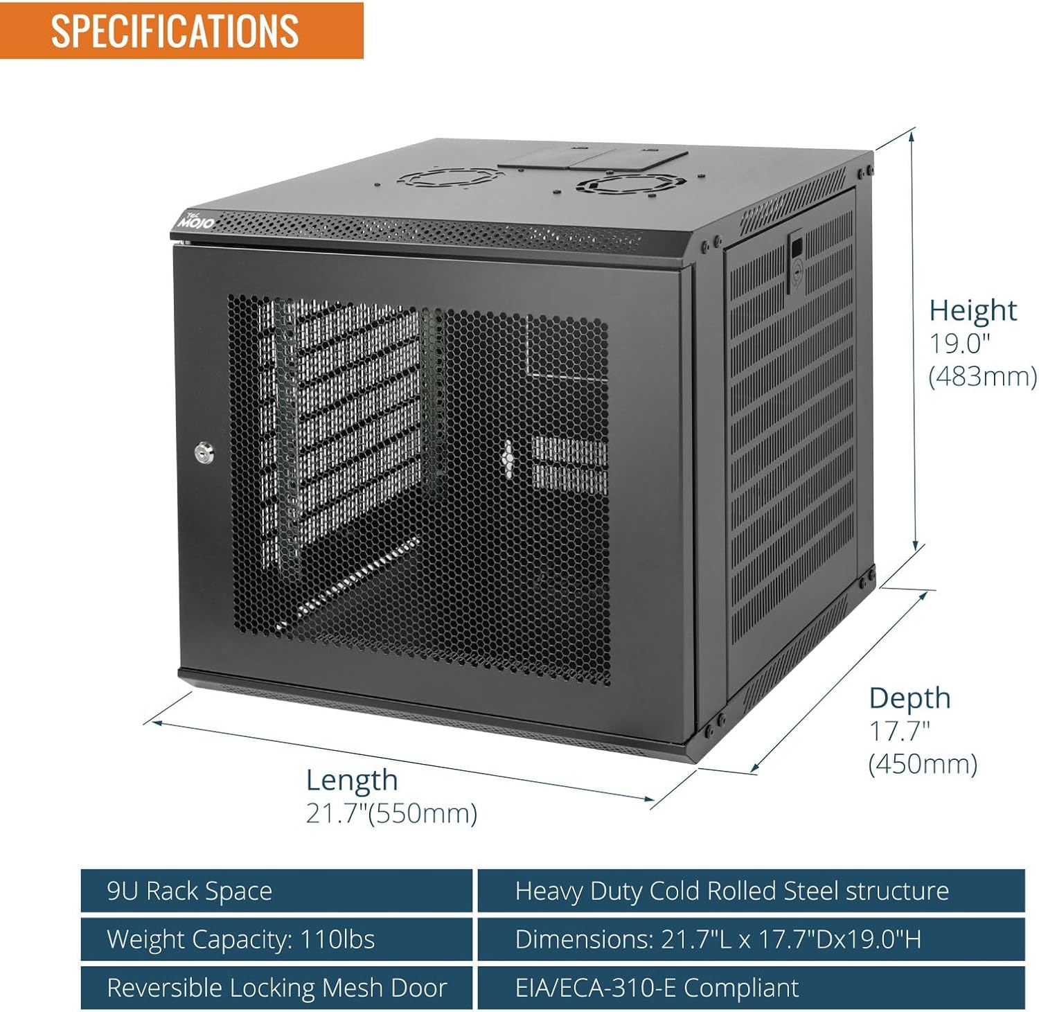 9U Wall Mount Server Cabinet 450mm Mesh Door Black