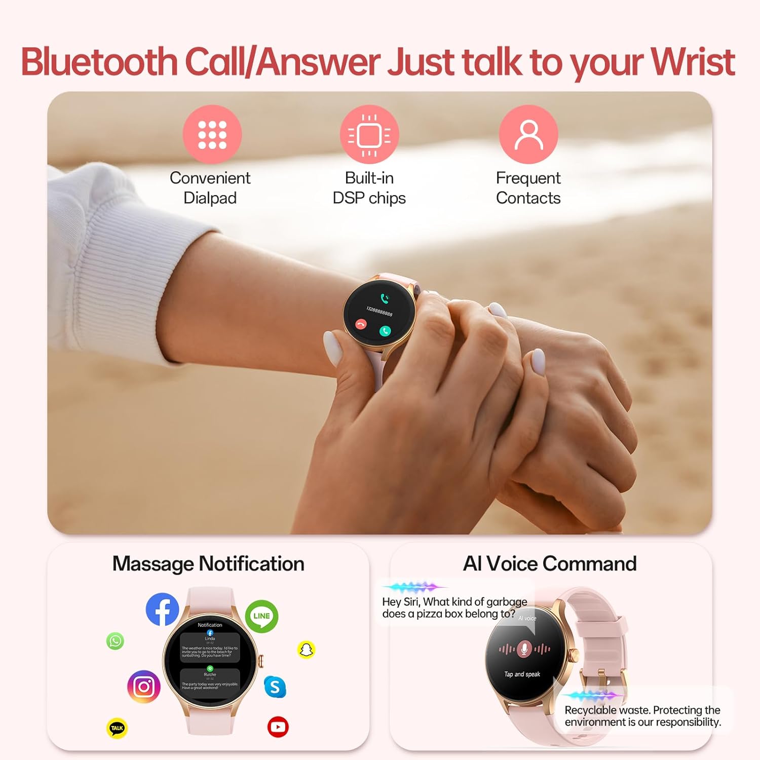 Pink Womens Smart Watch AI Voice Bluetooth Calls