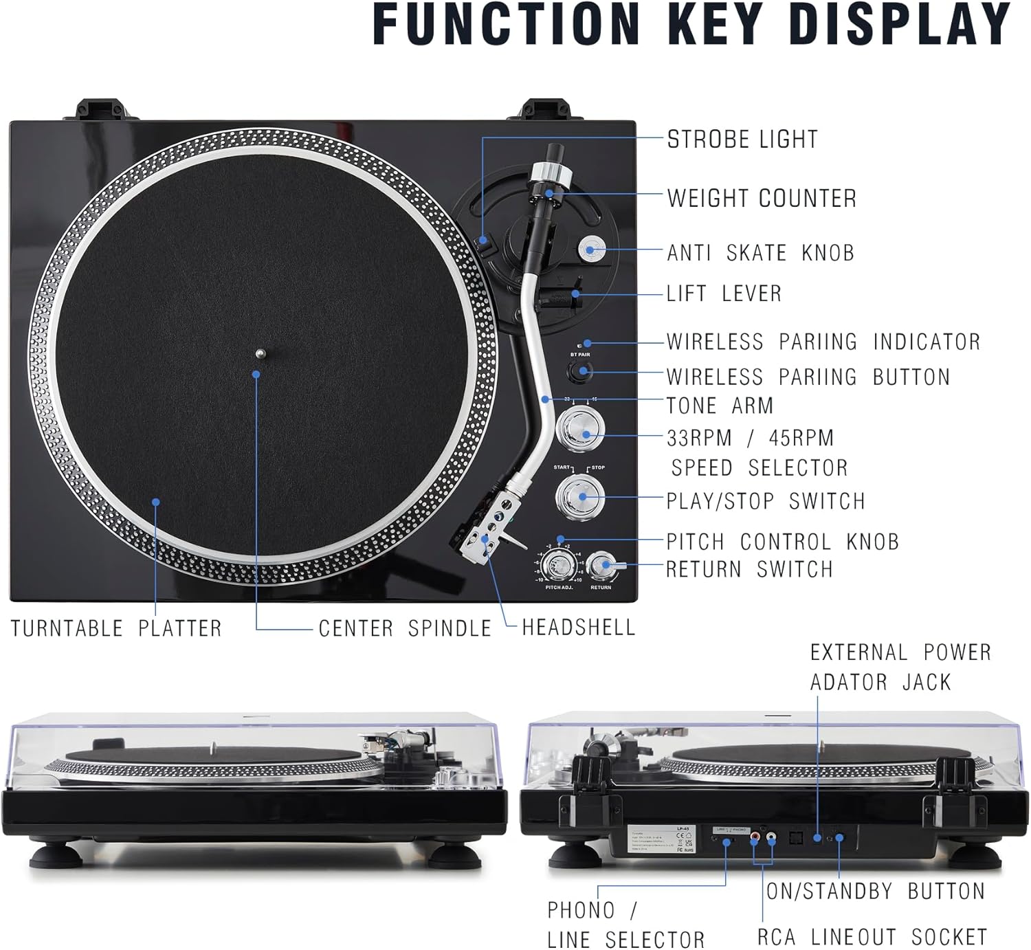 Hi-Fi Belt-Drive Turntable with Premium Cartridge, 33/45 RPM, Auto-Return