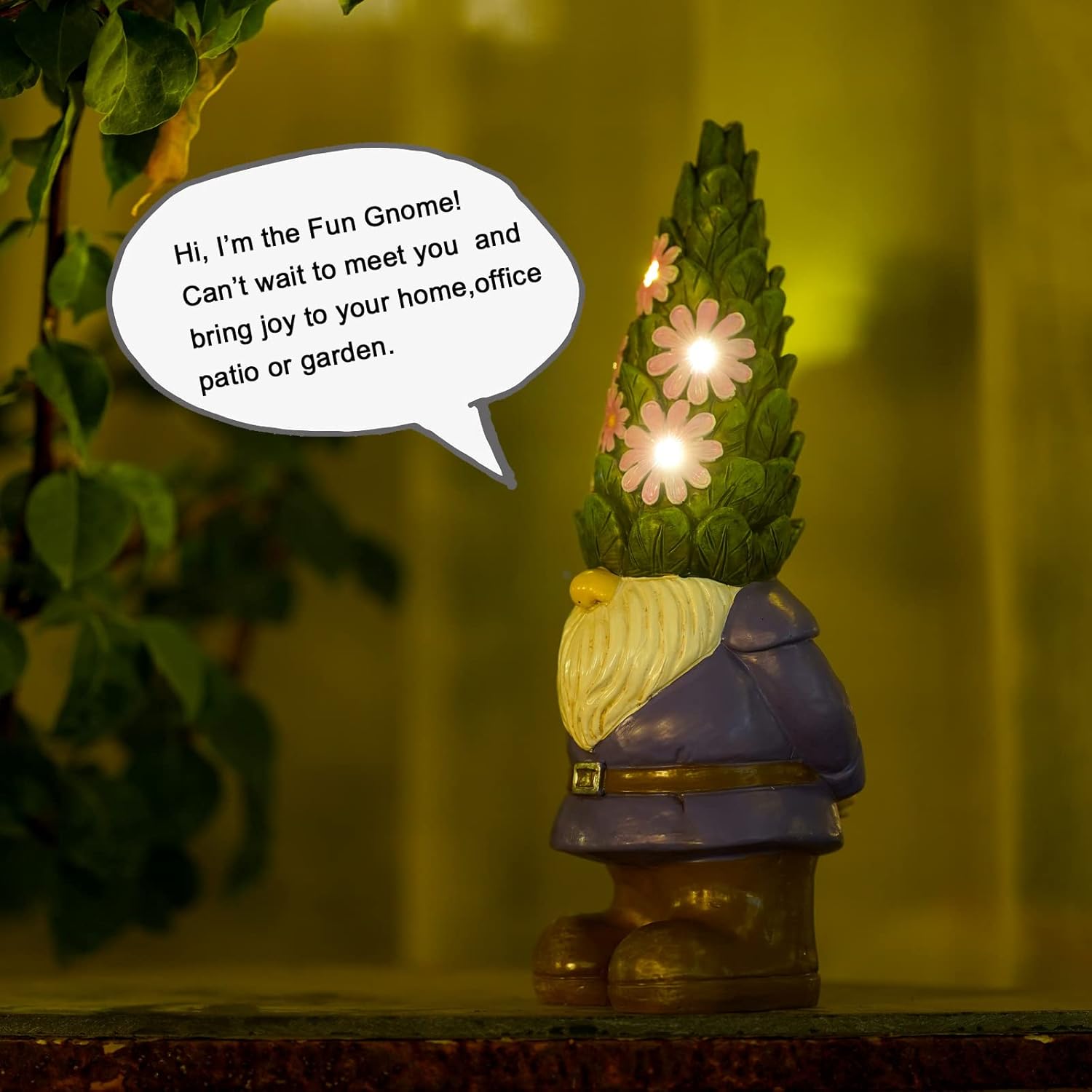Solar Garden Gnome Statue LED Flower Lights Outdoor Patio Decor