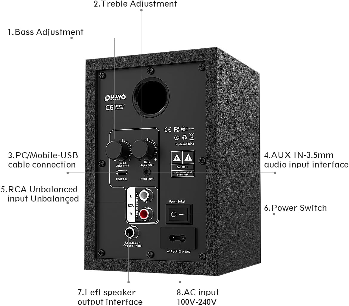 60W Bluetooth Bookshelf Speakers HiFi Stereo USB AUX RCA