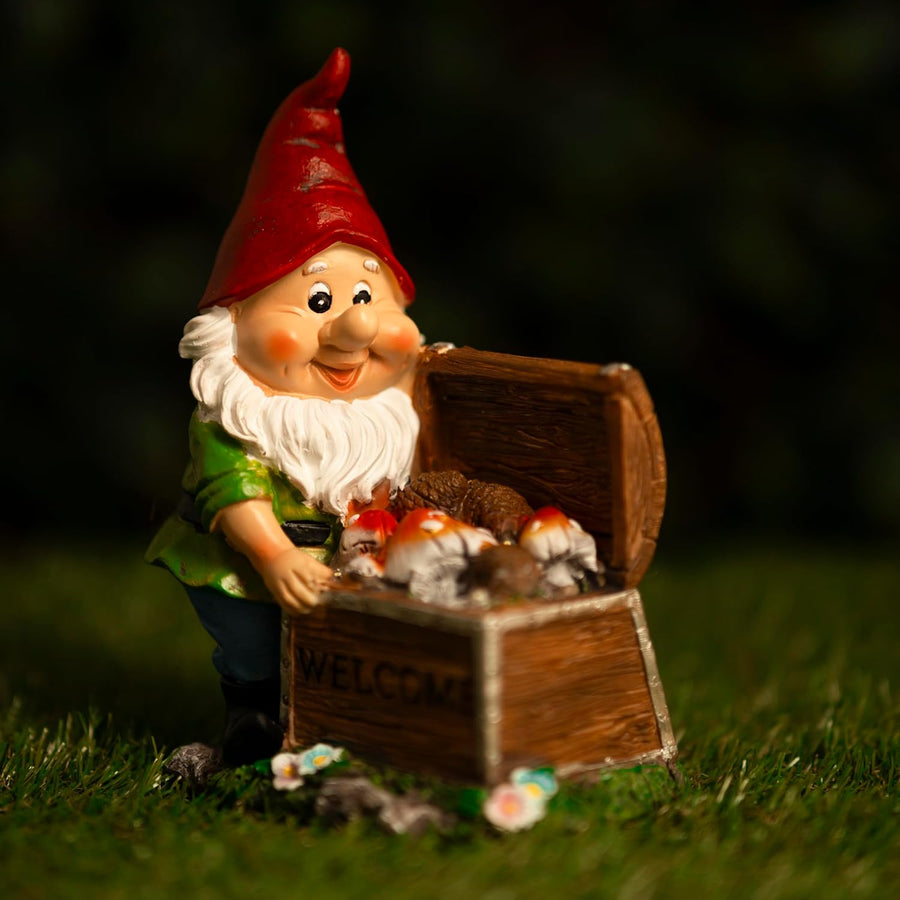Solar Garden Gnome LED Light Treasure Chest Welcome Statue Decor