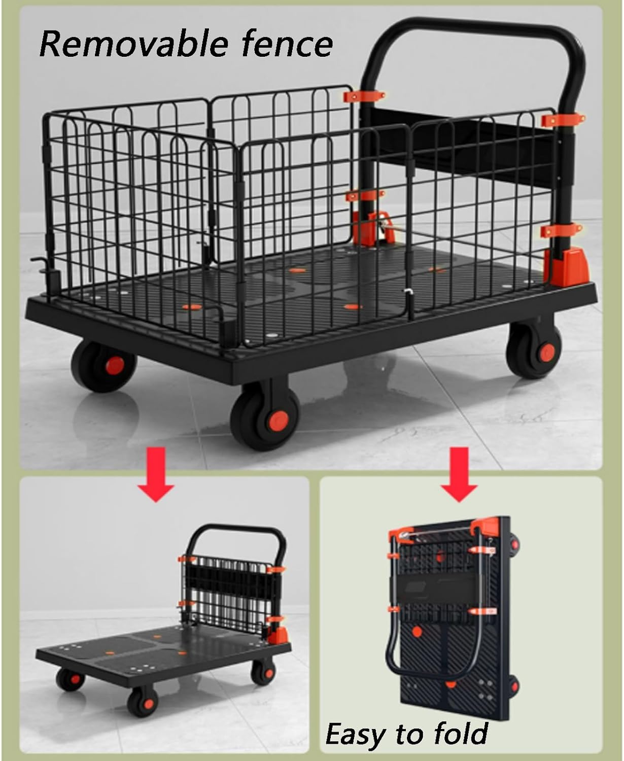 Foldable Platform Truck Cart Removable Fence Brake Wheels