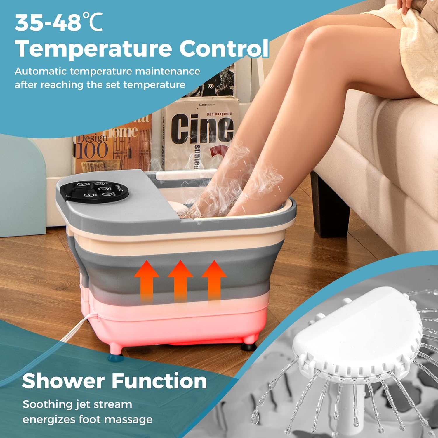 Foldable Heated Foot Spa Massager 30 Rollers Shower Timer