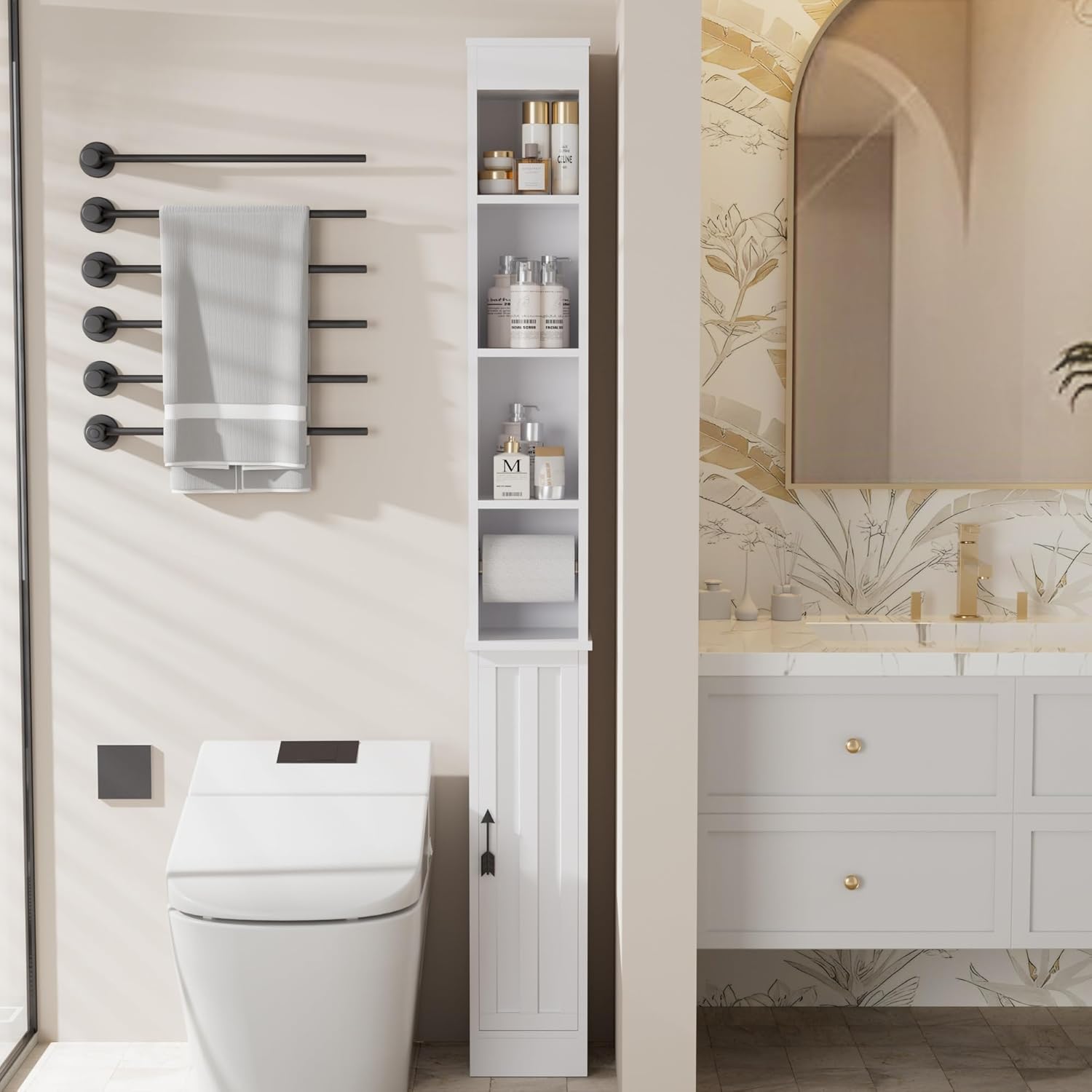 Slim Tall Bathroom Storage Cabinet 6 Shelf Cupboard White