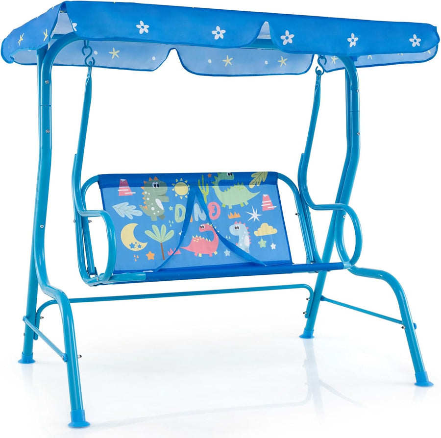 Kids 2 Seat Swing Chair Blue Canopy Safety Belts