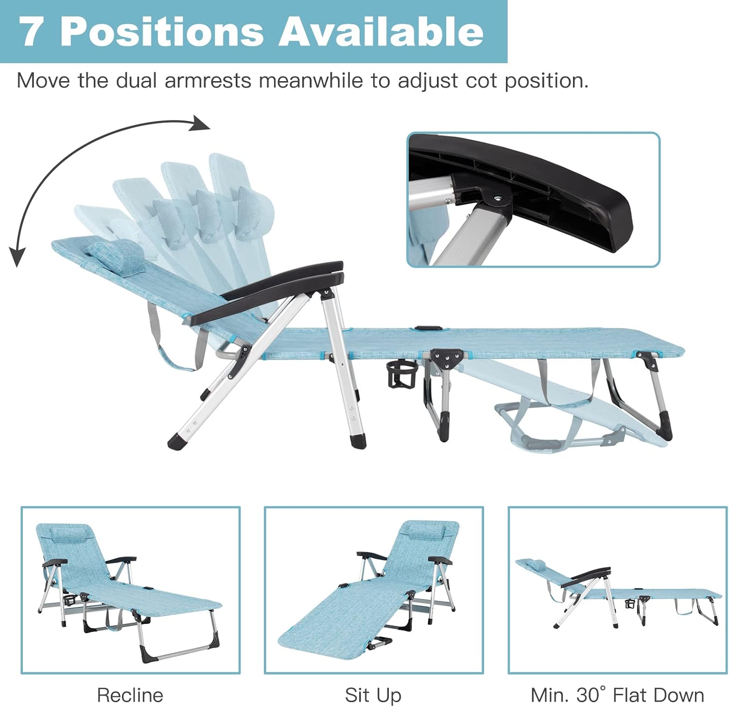 Folding Sun Lounger 7 Position Reclining Chair Cup Holder Blue