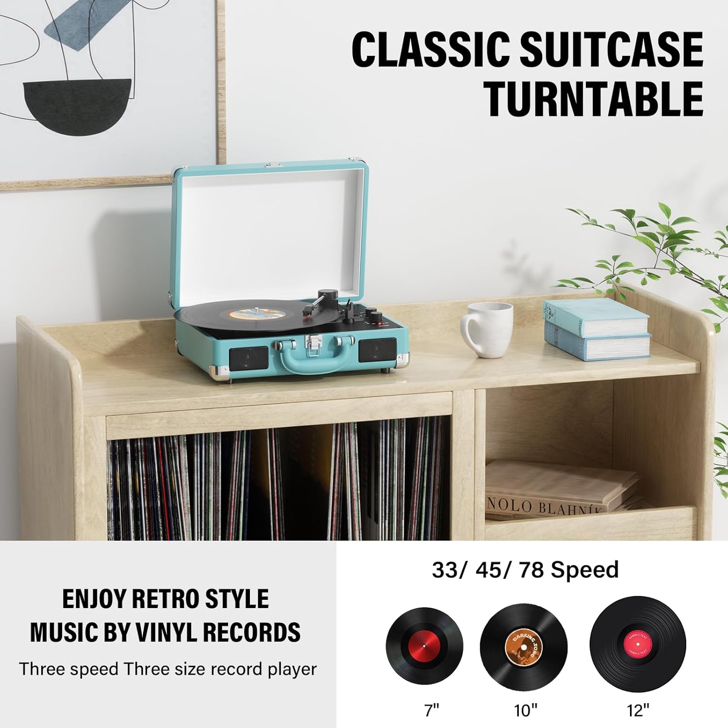 3-Speed Bluetooth Vinyl Turntable Record Player with Built-in Speakers