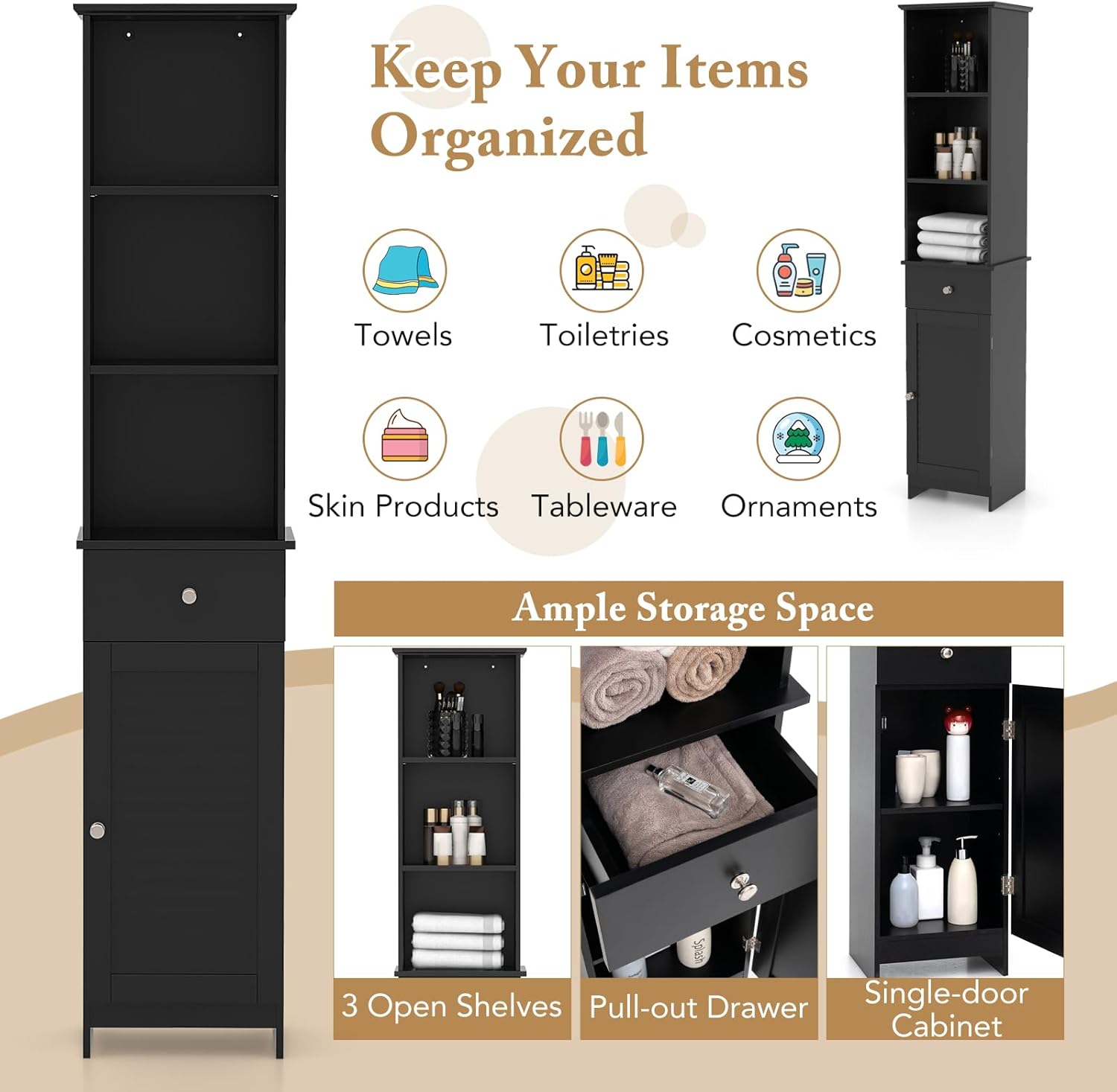Slim Bathroom Tall Cabinet Drawer Door Shelf Unit Black