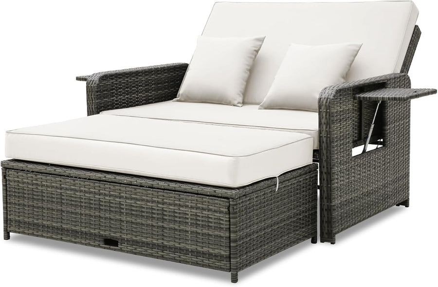 Double Rattan Daybed Sofa Bed with Storage Trays
