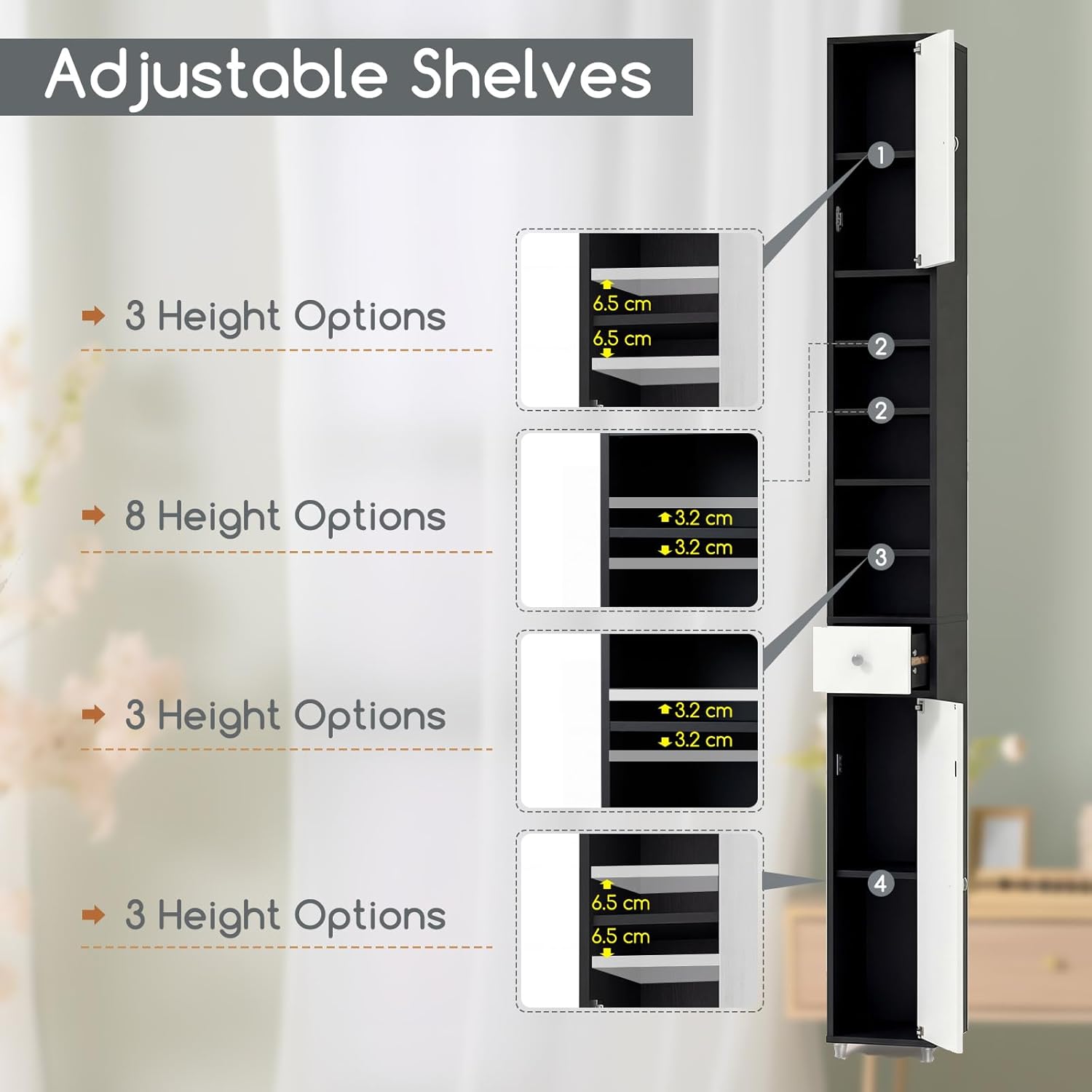 Tall Slim Storage Cabinet Black White Drawer Shelf Unit