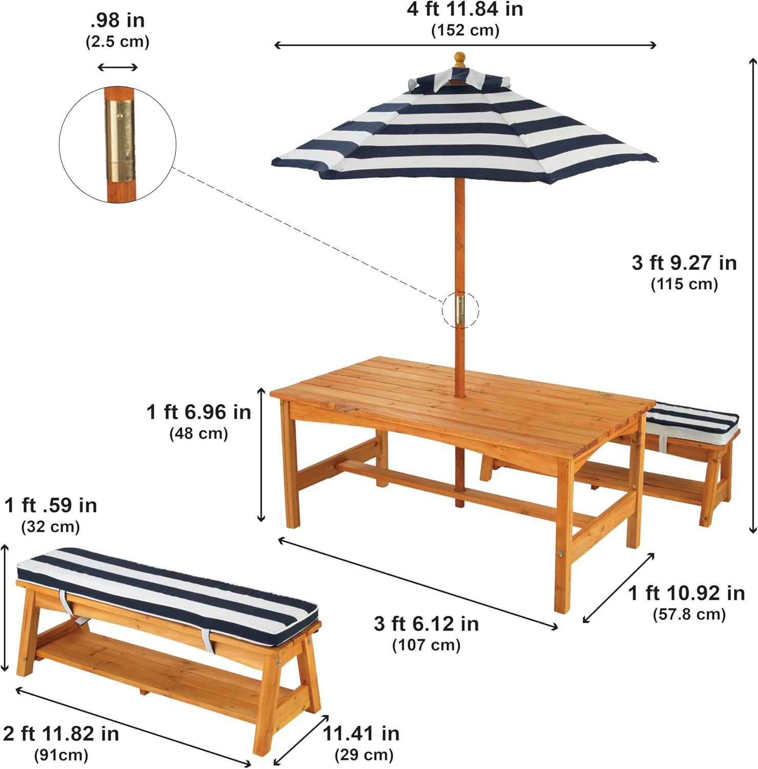 Kids Wooden Garden Table & Bench Set w/Cushions Parasol