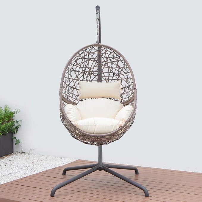 Single Hanging Egg Chair with Stand Brown Cream Rattan