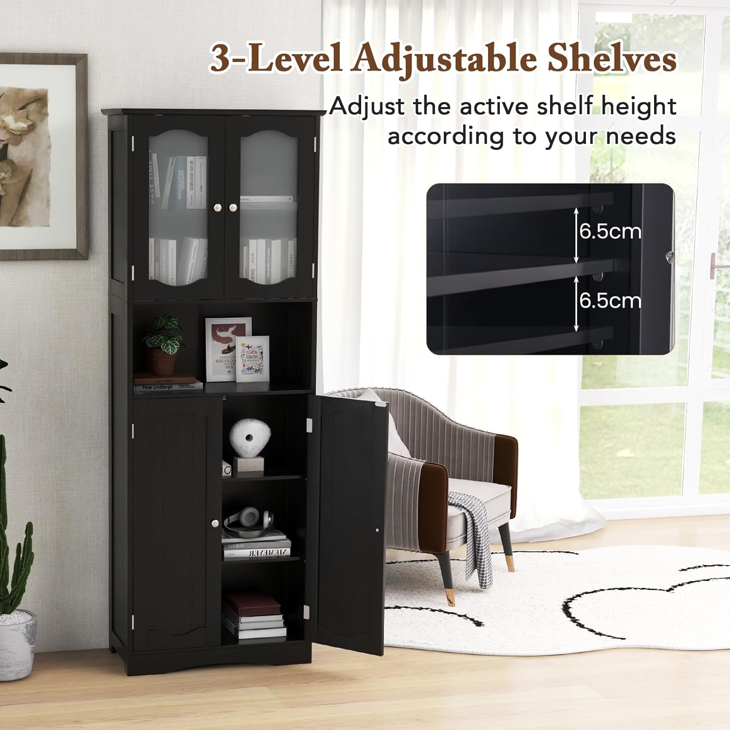 Tall Bathroom Storage Cabinet Glass Door Shelf Unit Black