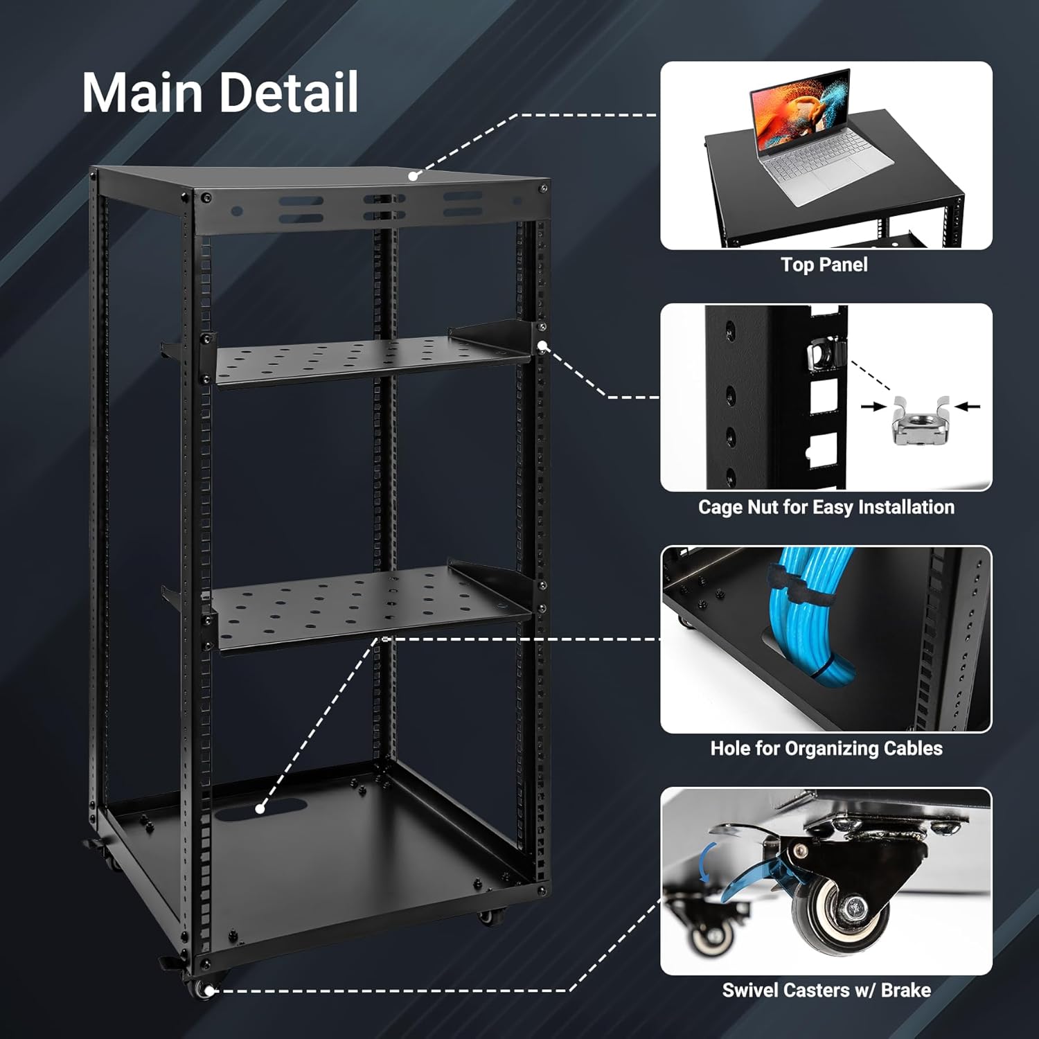 20U Open Frame Server Rack with Wheels 2 Shelves