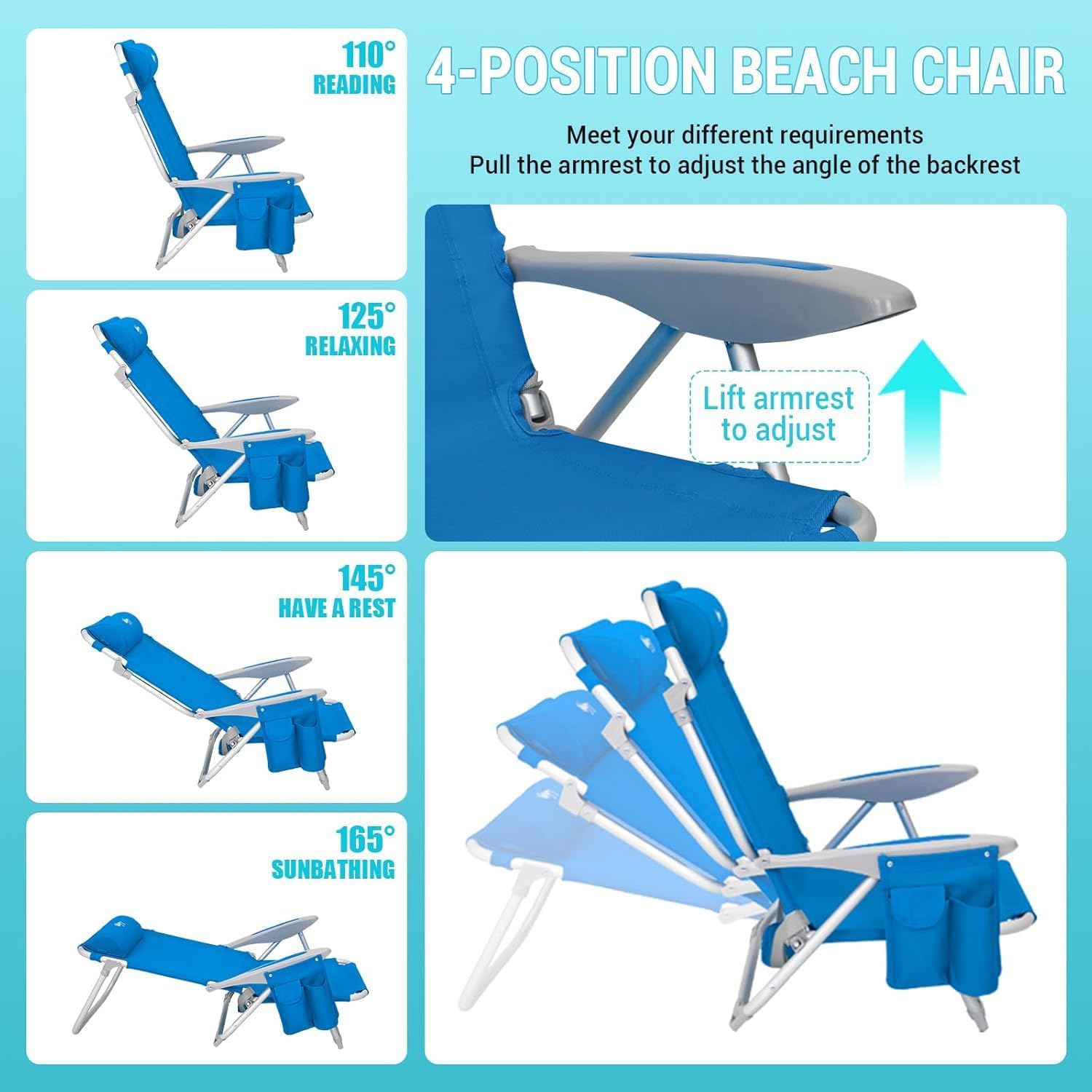 2 Pack Blue Adjustable Beach Chairs Folding Reclining Camping Seats