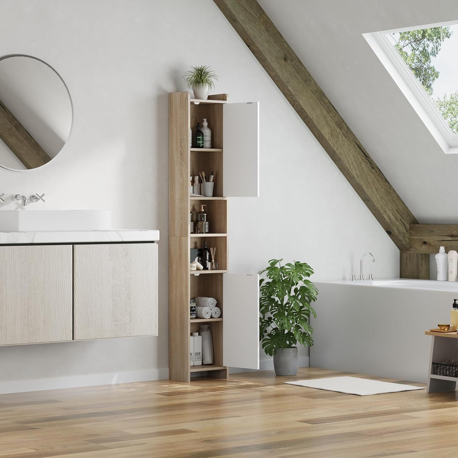 Tall Slim Storage Cabinet White Walnut 170cm Unit