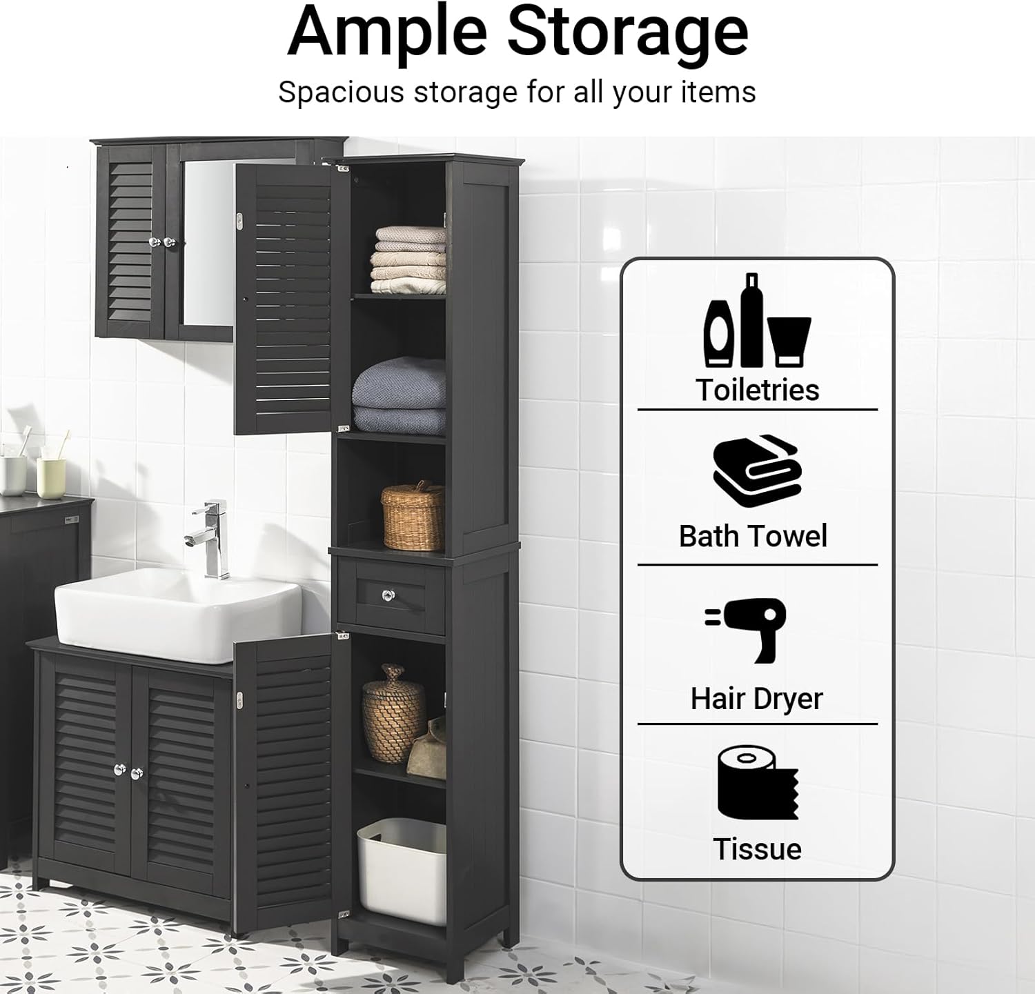 Slim Tall Bathroom Cabinet Dark Grey Louver Door Storage