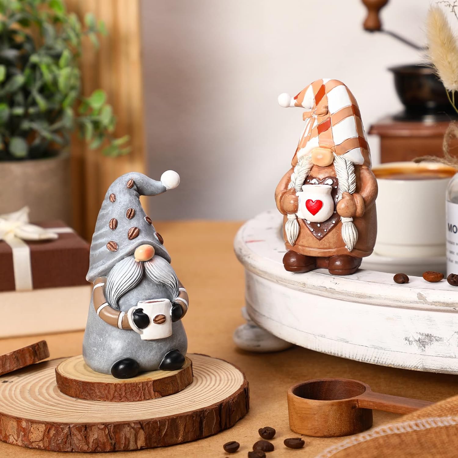 2PCS Coffee Gnome Decor Coffee Bar Resin Figurines Tiered Tray