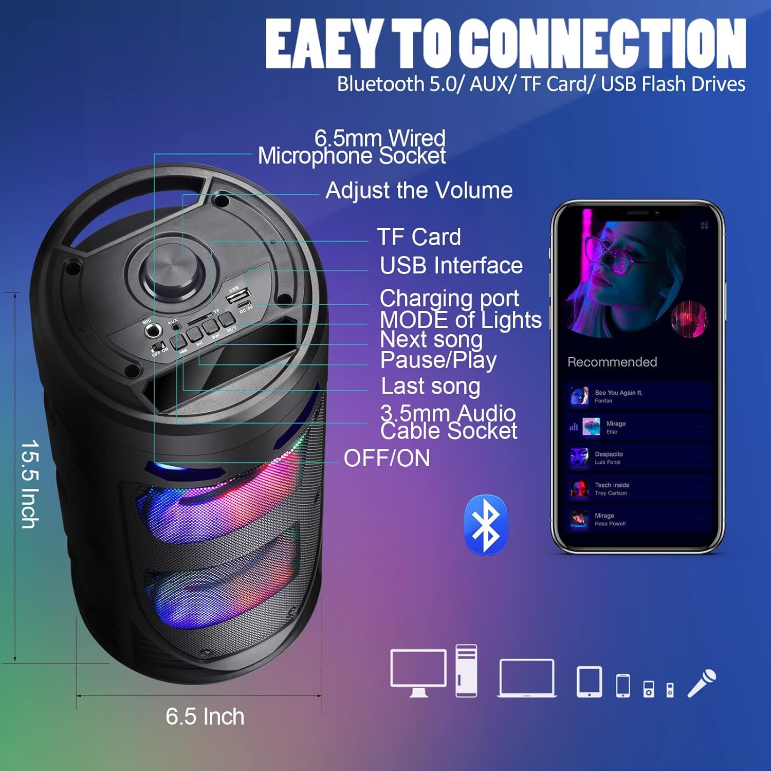 30W Bluetooth Speaker Portable LED Lights TWS AUX USB Loud