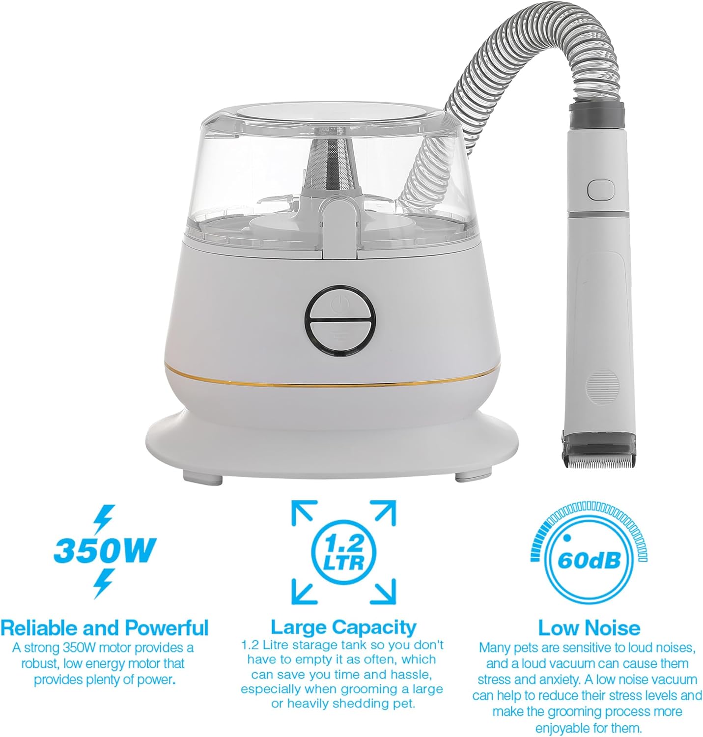 Pet Grooming Vacuum Clipper Kit 5 Brush Heads 1.2L White