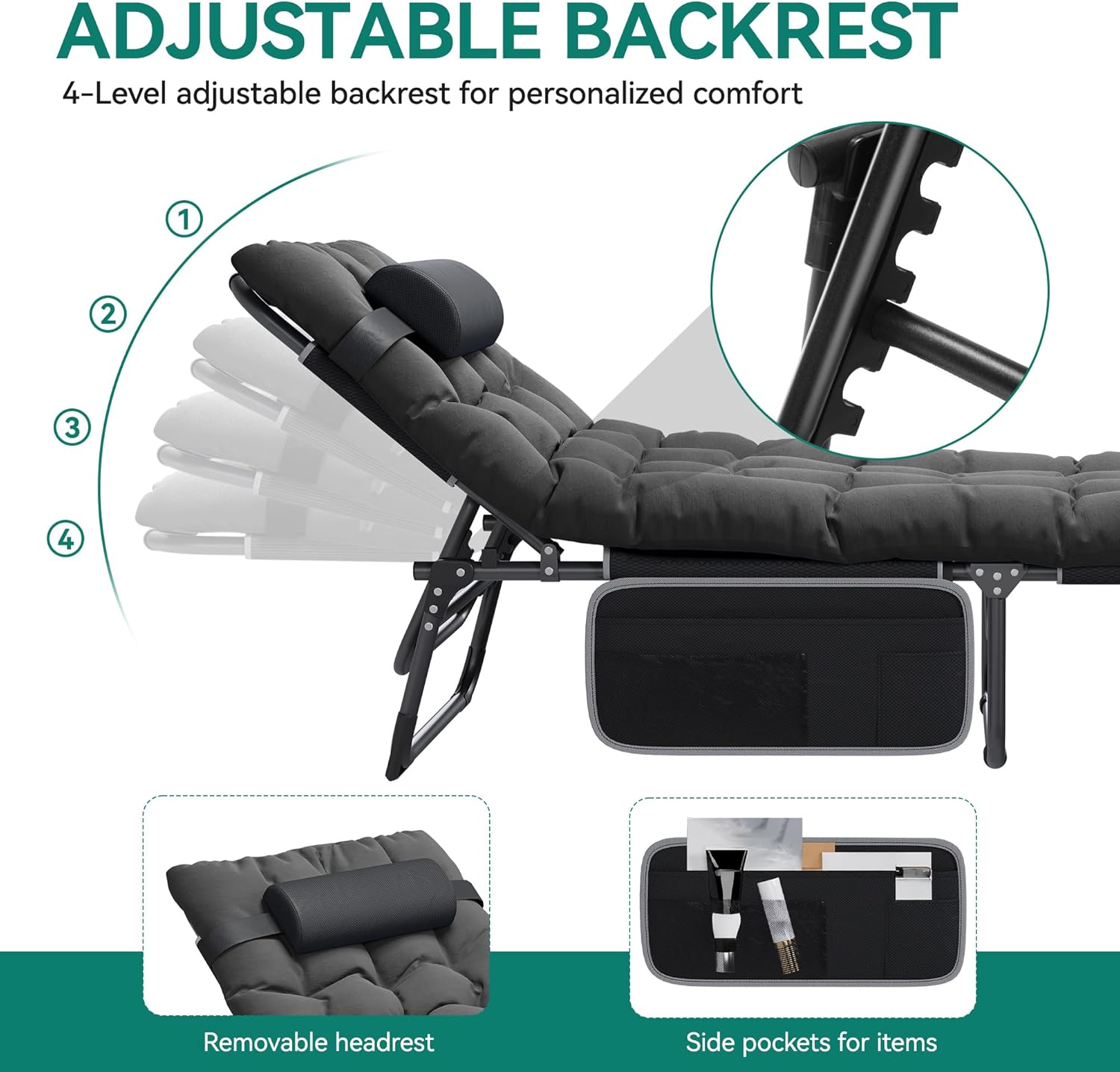 Folding Reclining Sun Lounger Bed with Cushion Pocket Black