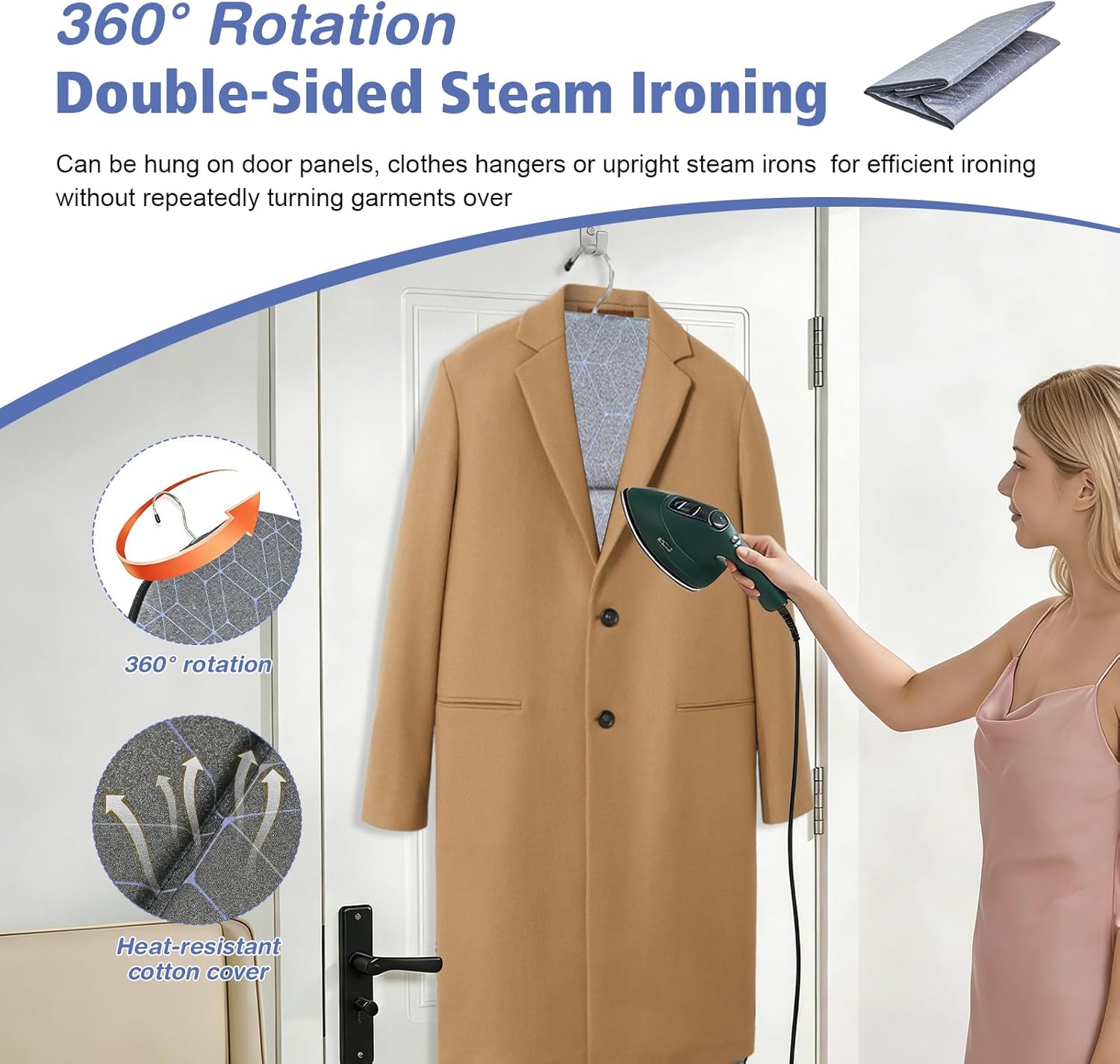 Foldable Garment Steamer Board Hanging Ironing Pad 360° Hook