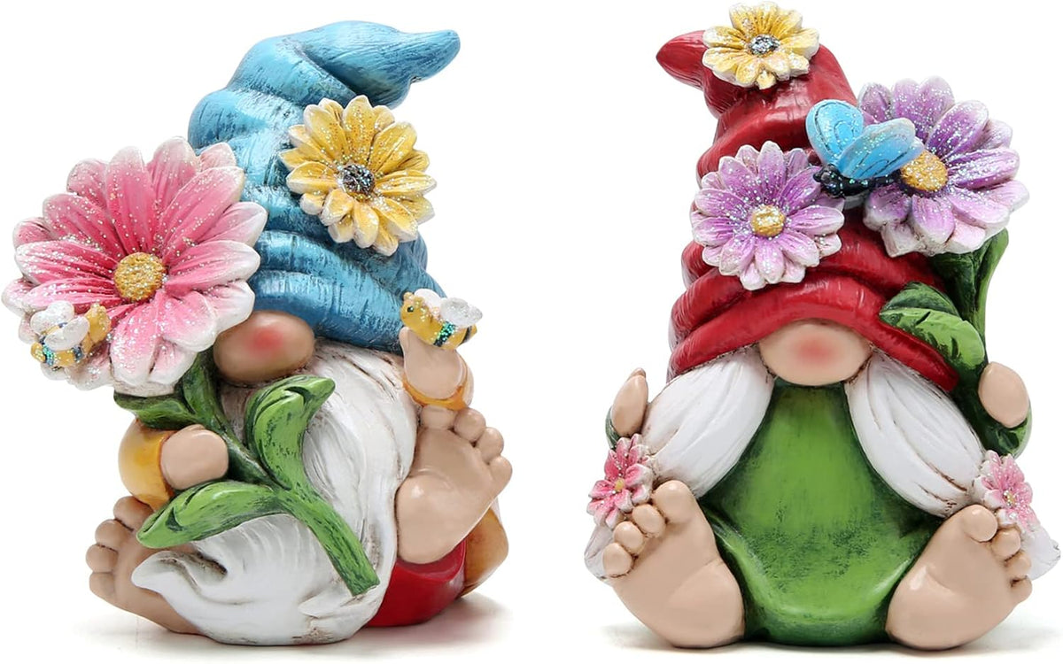 2PCS Spring Flower Gnome Figurines Easter Decor Resin Shelf Ornaments