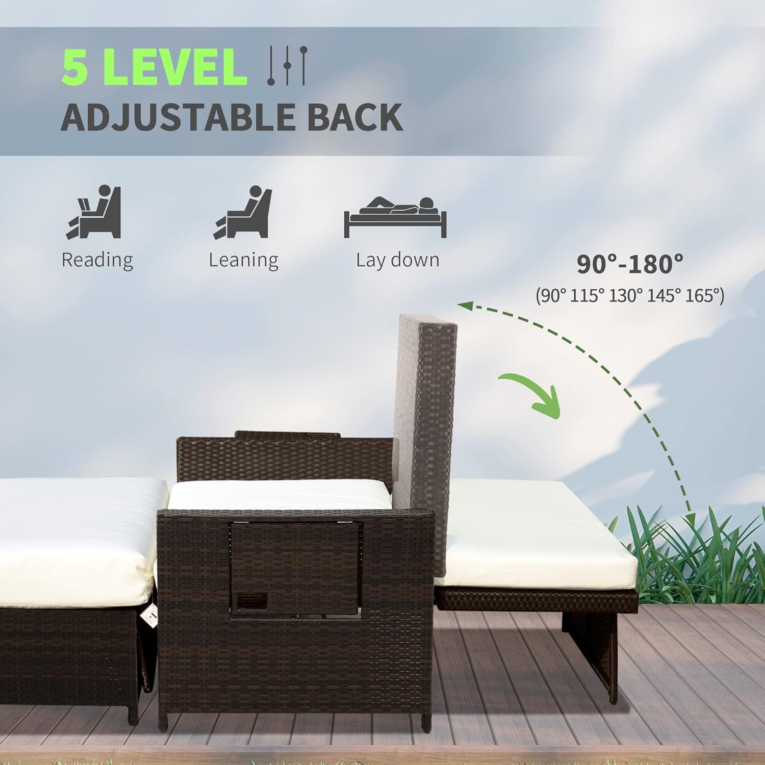 Double Rattan Sun Lounger Daybed Storage Ottoman Brown
